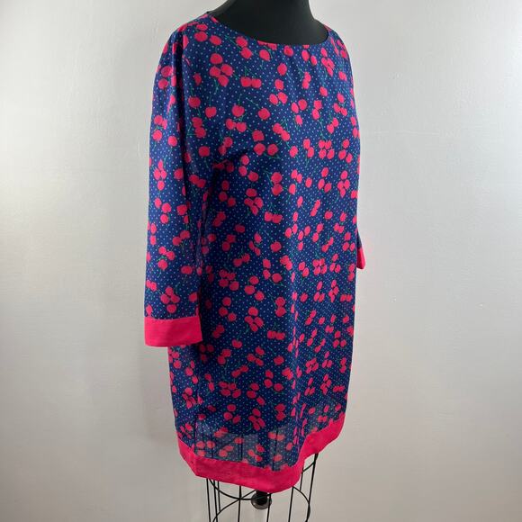 TALBOTS Blue Red Cherry Print Boat Neck 3/4 Sleeve Shift Dress Swim Cover Up M - Picture 3 of 7
